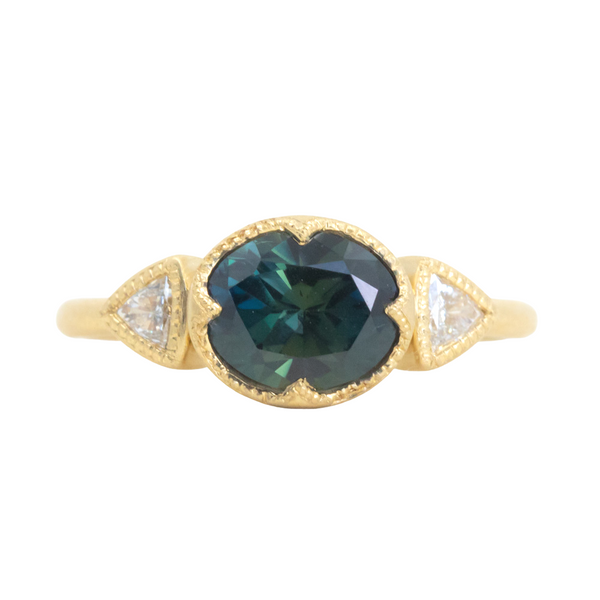 1.69ct Oval Nigerian Sapphire East-West and Trillion Diamond Three Stone Antique Milgrain Low Profile Ring in 18k Yellow Gold