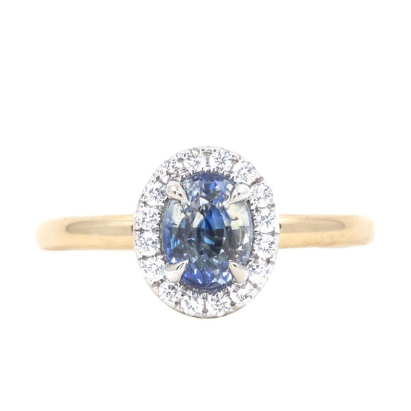 1.05ct Oval Parti Sapphire and Two-Tone 14k Yellow and White Gold Stackable Halo Ring