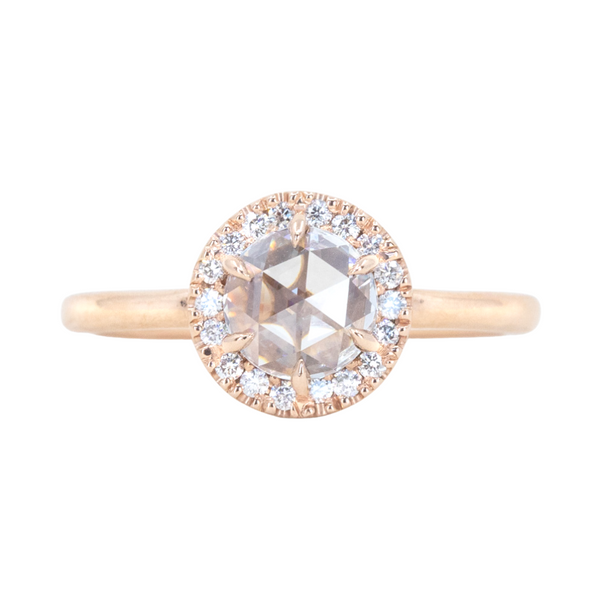 0.59ct White Rosecut diamond in 14k Rose Gold Low Profile 6 Prong Halo Evergreen Setting