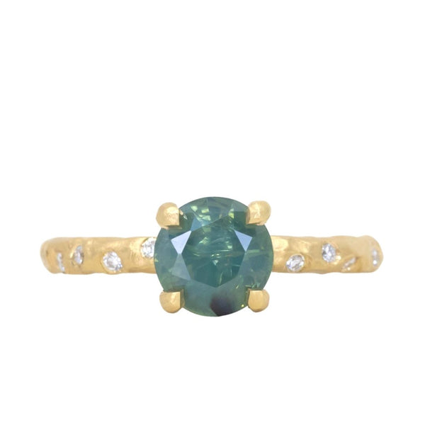 1.39ct Silky Sapphire Evergreen Four-Prong and Scattered Diamond Solitaire in Satin 18k Yellow Gold