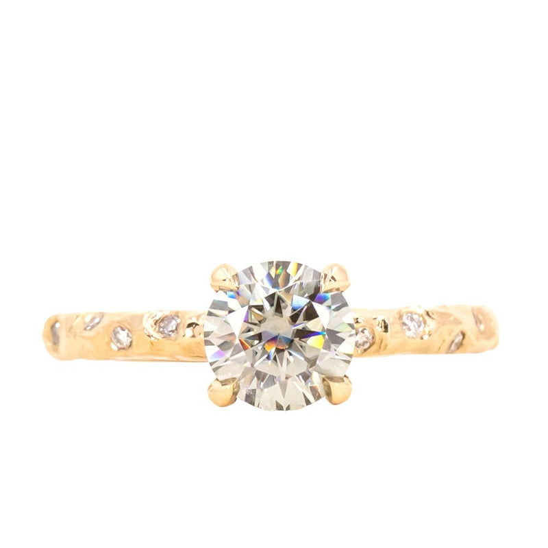 0.90ct Round Grey Moissanite in 14k Yellow Gold Evergreen Solitaire with Scattered Embedded Diamonds