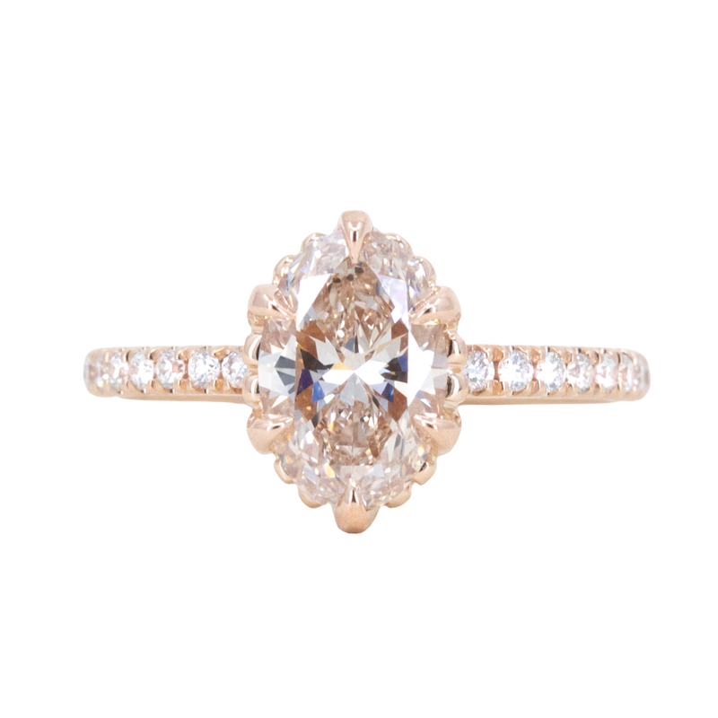 1.52ct Oval Champagne Diamond Scallop Cup Solitaire with French Set Diamonds in 18k Rose Gold