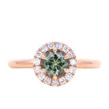 0.92ct Round Montana Sapphire Low Profile Diamond Halo Ring In 18k Rose Gold