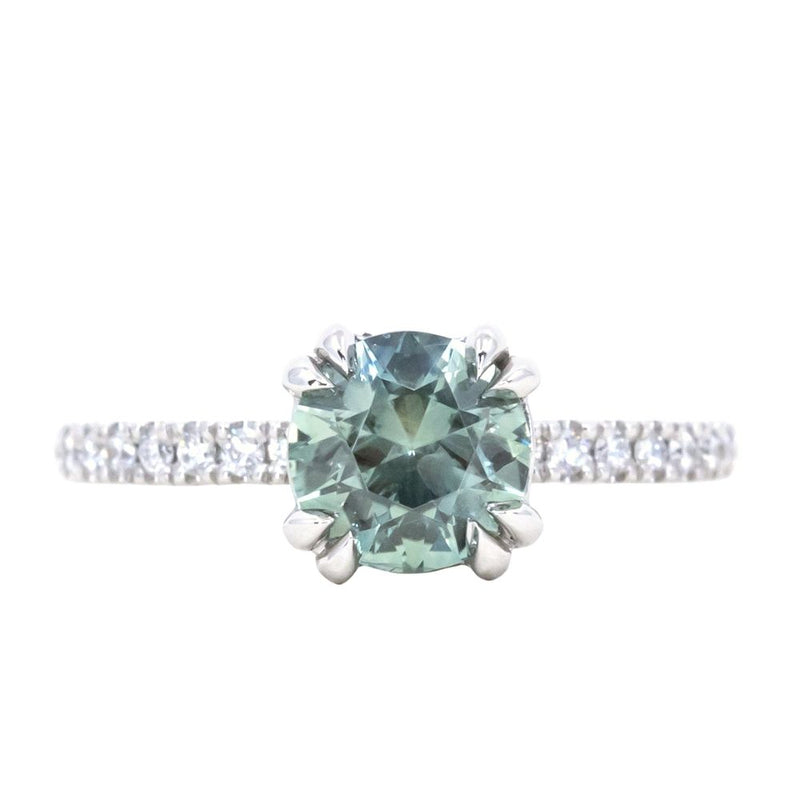 1.43ct Light Blue Montana Sapphire Double Claw Prong Solitaire with French Diamonds in Platinum