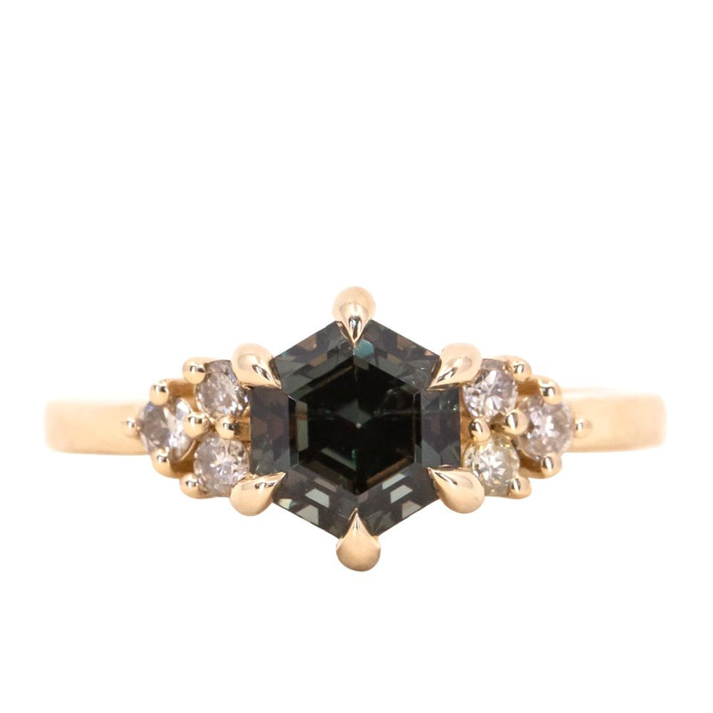 2.63ct Color Shifting Step Cut Hexasgon Sapphire and Champagne Diamond Cluster Ring in 14k Yellow Gold