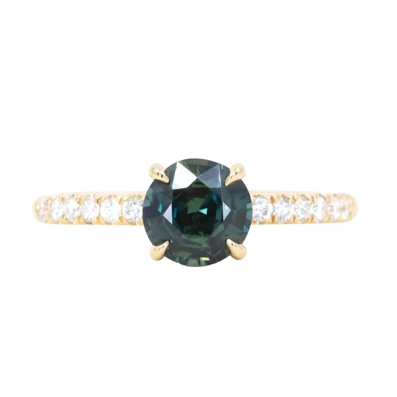 1.42ct Round Deep Green Madagascar Sapphire and French Set Diamond Solitaire in 18k Yellow Gold