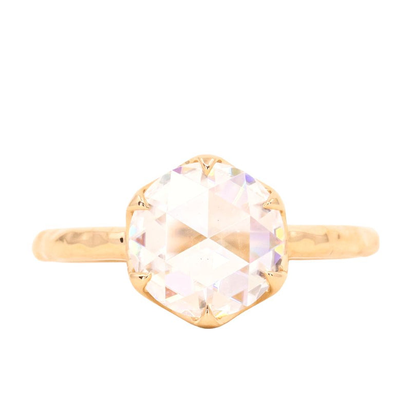8.5mm Rosecut Moissanite 6-Prong Low Profile Ring with Carved Evergreen Band in 14K Yellow Gold