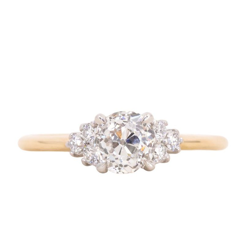 0.95ct Antique Old Euro cut Diamond and White Diamond Cluster ring in 14k Yellow Gold