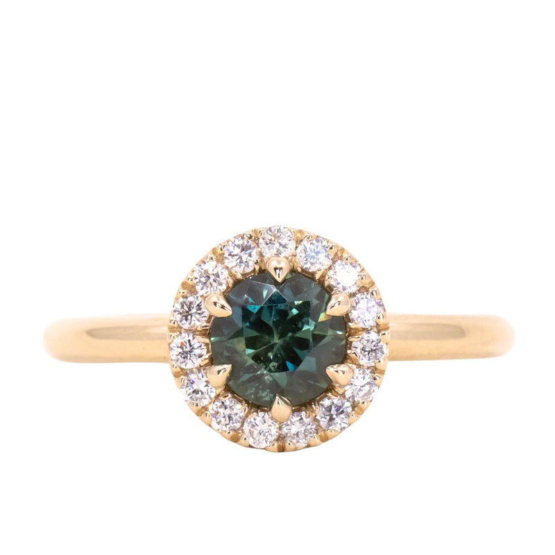 0.96ct Round Sapphire Low Profile Diamond Halo Ring In 14K Yellow Gold
