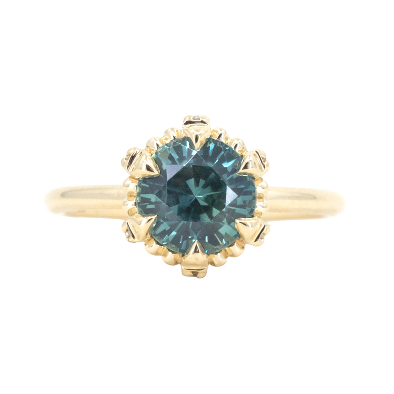 2.29ct Teal Montana Sapphire Scallop Cup Solitaire with Hidden Halo in 14k Yellow Gold