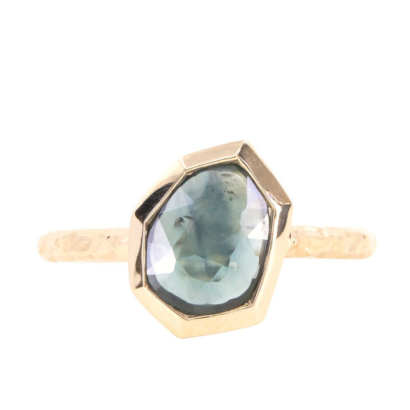 1.54ct Geo Slice Teal-Blue Sapphire Evergreen Low Profile Bezel Solitaire Ring in 14k Yellow Gold