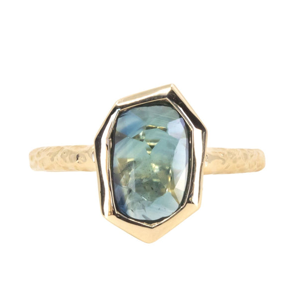 1.93ct Green Teal Geo Slice Sapphire Evergreen Low Profile Bezel Solitaire Ring in 14k Yellow Gold