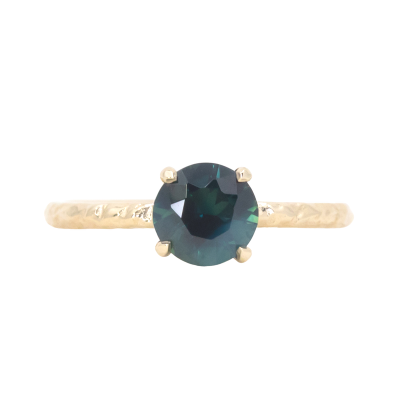1.20ct Round Silky Deep Teal Sapphire Evergreen Solitaire Ring in 14k Yellow Gold