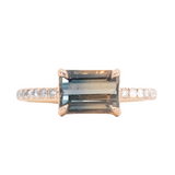 2.56ct Bicolor Sapphire Ombre East West 4-Prong Ring with white and salt & pepper side diamonds in 14k rose gold