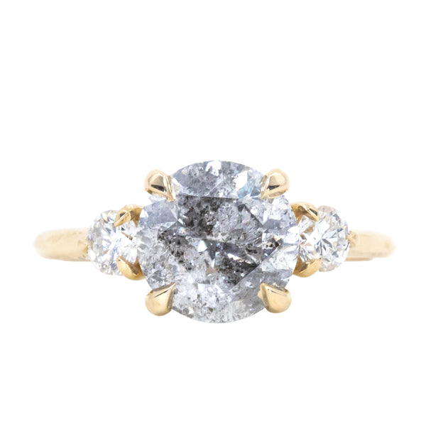 2.53ct Round Grey Salt and Pepper and White Diamond Three Stone Ring in 14k Yellow Gold