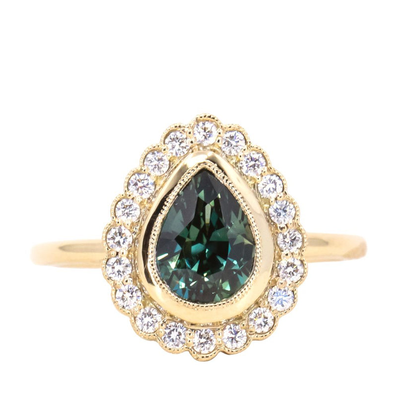 2.02ct Pear Madagascar Sapphire and Scalloped Antique Style Diamond Halo Ring in 18k Yellow Gold