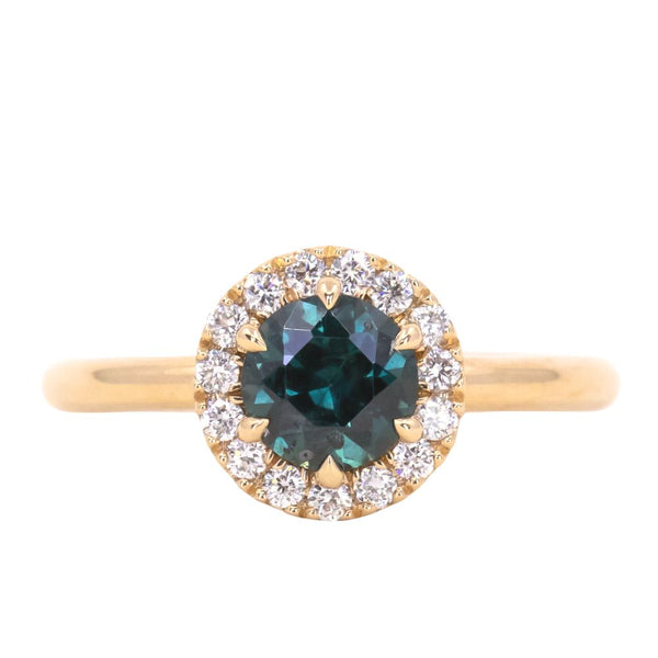 1.04ct Round Sapphire Low Profile Diamond Halo Ring In 18K Yellow Gold