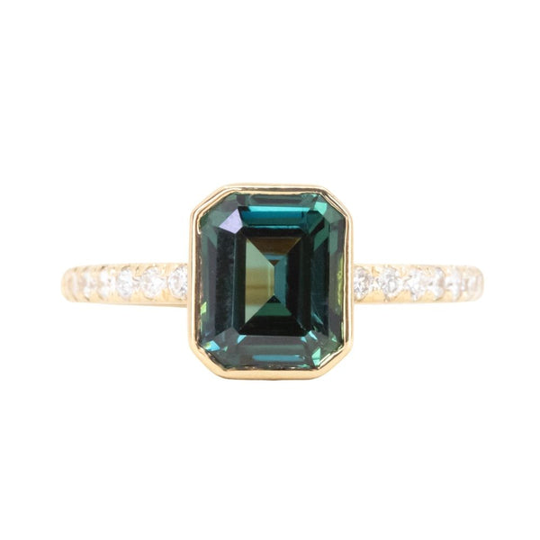 3.05ct Emerald Cut Color Shifting Teal Blue Green Sapphire Low Profile Bezel with French Set Diamonds 18k Yellow