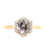 1.13ct Salt and Pepper and White Diamond Hexagon Halo Ring in 14k Yellow Gold