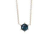5.3mm Deep Teal Blue Hexagon Sapphire Dainty Prong Set Necklace in 14k Yellow Gold