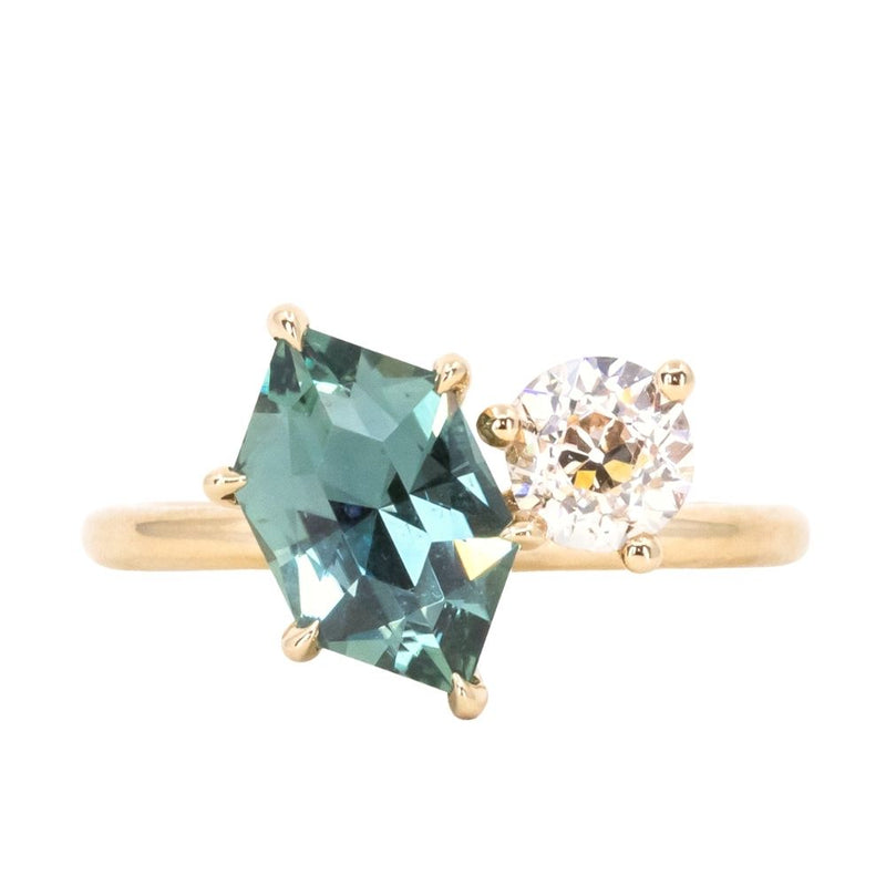 2.65ct Light Teal Hexagon Sapphire and Antique Old Mine Cut Diamond Ring in 18k Yellow Gold