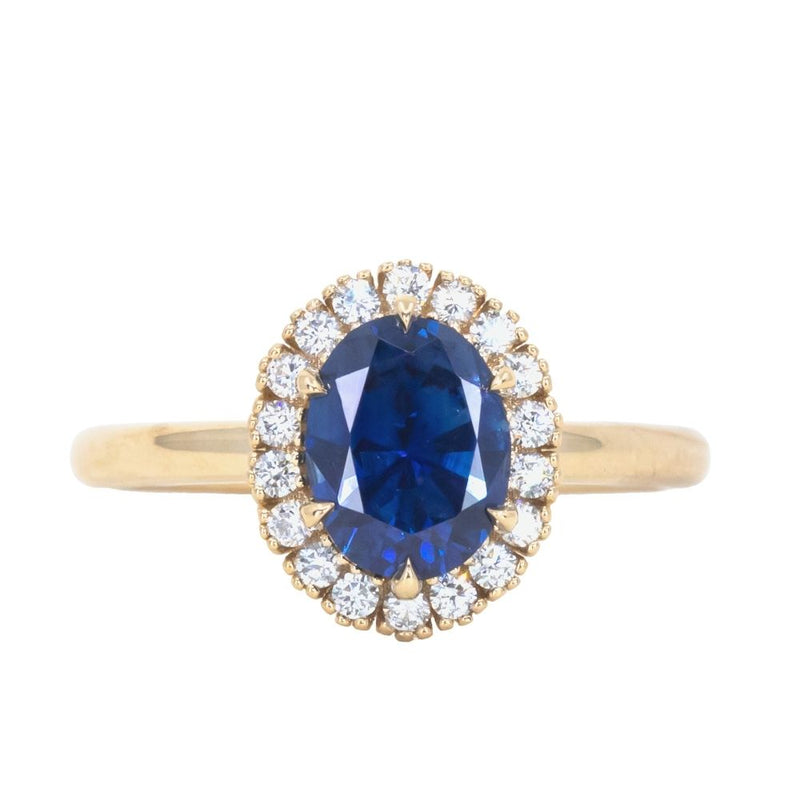 1.63ct Oval Sapphire Antique-Inspired Diamond Halo Ring in 18k Yellow Gold