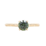 1.19ct Round Earth Colored Sapphire Evergreen Carved 4 Prong Solitaire in 14k Yellow Gold