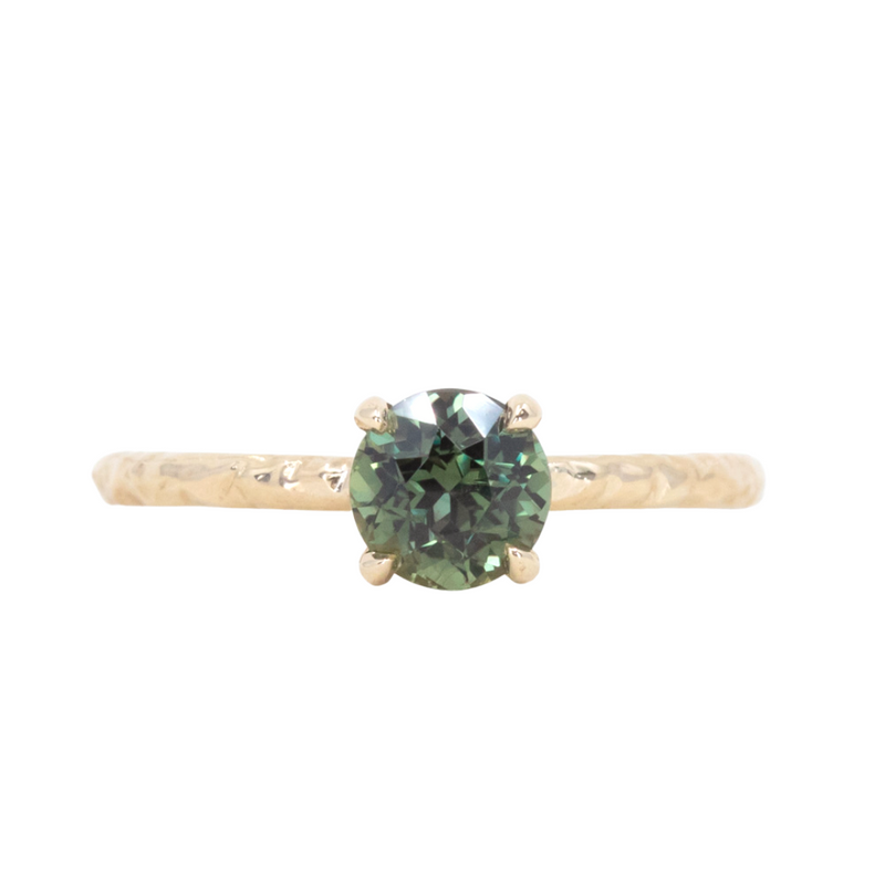 1.19ct Round Earth Colored Sapphire Evergreen Carved 4 Prong Solitaire in 14k Yellow Gold