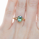 2.40ct Oval Teal Green Parti Sapphire Evergreen Carved Split Shank Six Prong Ring in 14k Yellow Gold
