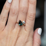 2.04ct Deep Teal Pear and Antique Old Mine Cut Diamond Ring in 14k Yellow Gold