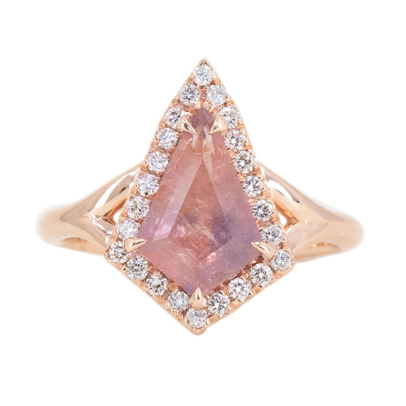 2.14ct Kite Umba Pink Sapphire in Split Shank Diamond Halo in 14k Rose Gold