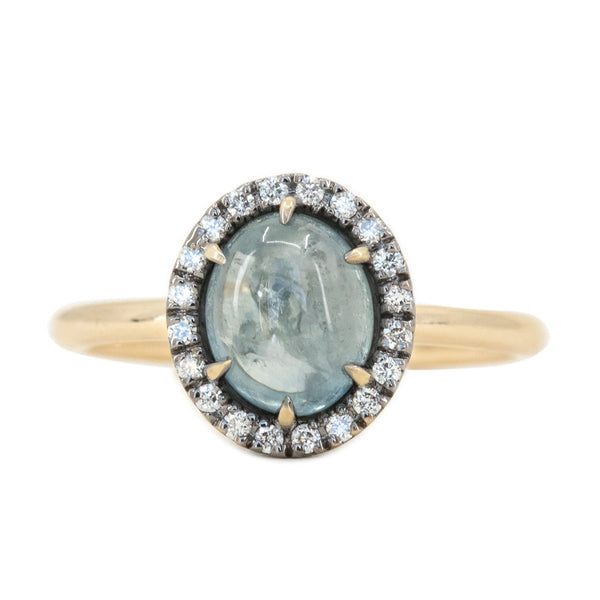 2.40ct Oval Cabochon Montana Sapphire and Antiqued Six Prong Low Profile Halo Ring in 14k Yellow Gold