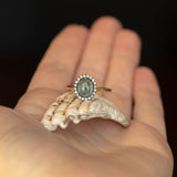 2.40ct Oval Cabochon Montana Sapphire and Antiqued Six Prong Low Profile Halo Ring in 14k Yellow Gold on shell on hand
