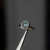 2.40ct Oval Cabochon Montana Sapphire and Antiqued Six Prong Low Profile Halo Ring in 14k Yellow Gold in tweezers