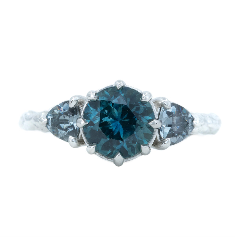 1.80ct Blue Montana Sapphire and Grey Spinel Three Stone Low Profile Evergreen Ring in Platinum