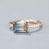 2.56ct Bicolor Sapphire Ombre East West 4-Prong Ring with white and salt & pepper side diamonds in 14k rose gold on table