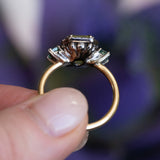2.62ct Emerald Cut Nigerian Sapphire and Montana Sapphire Low Profile Scallop Cut Three Stone Ring with Antiqued Diamond Halo in 18k Yellow Gold