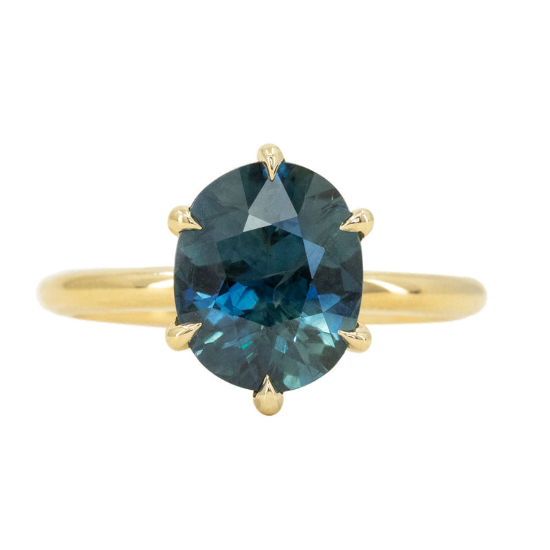 2.67ct Blue Madagascar Sapphire Lotus Six Prong Solitaire in 18k Yellow Gold