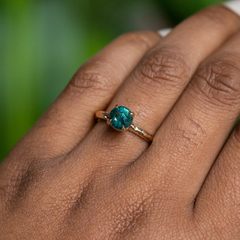 1.55ct Round Deep Teal Madagascar Evergreen Solitaire in 14k Yellow Gold