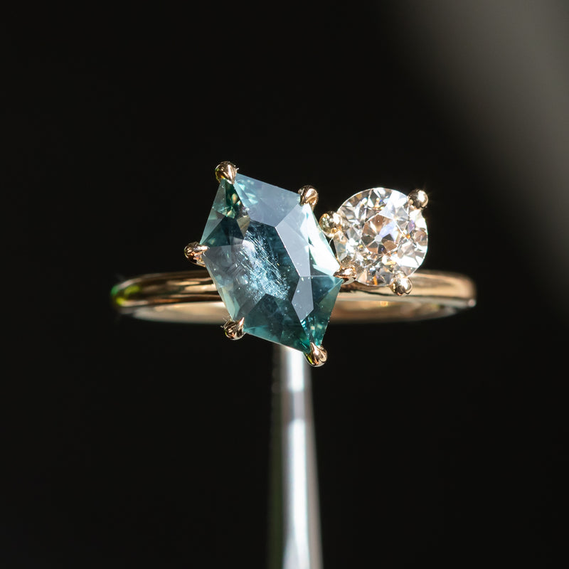 2.65ct Light Teal Hexagon Sapphire and Antique Old Mine Cut Diamond Ring in 18k Yellow Gold