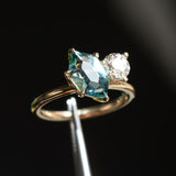 2.65ct Light Teal Hexagon Sapphire and Antique Old Mine Cut Diamond Ring in 18k Yellow Gold