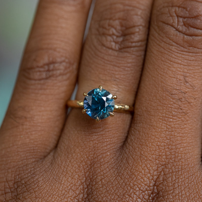 2.54ct Blue Round Madagascar Sapphire Evergreen Six Prong Solitaire in 18k Yellow Gold