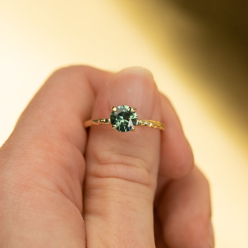 1.19ct Round Grey Green Sapphire Evergreen Carved Solitaire in 18k Yellow Gold