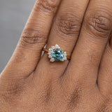 1.73ct Round Madagascar Teal Sapphire and Asymmetrical Diamond Cluster Ring in 14k Yellow Gold