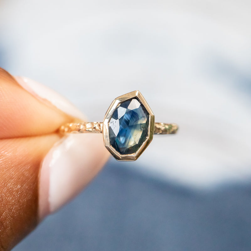 1.16ct Geo Slice Blue Sapphire Evergreen Low Profile Bezel Solitaire Ring in 14k Yellow Gold
