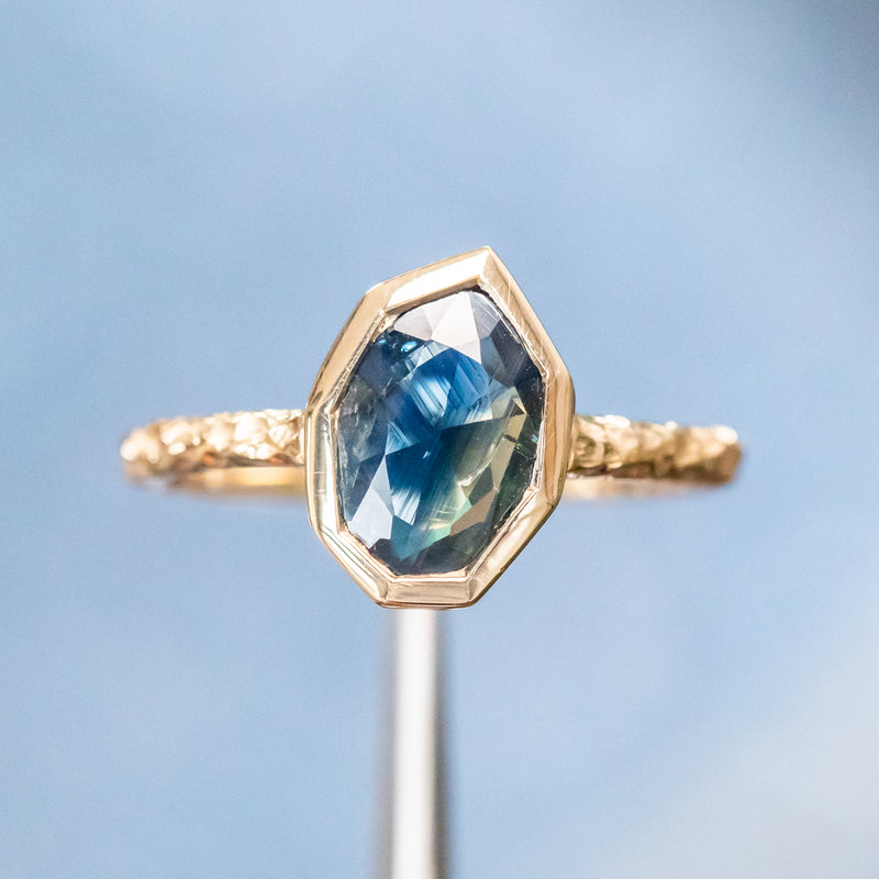 1.16ct Geo Slice Blue Sapphire Evergreen Low Profile Bezel Solitaire Ring in 14k Yellow Gold