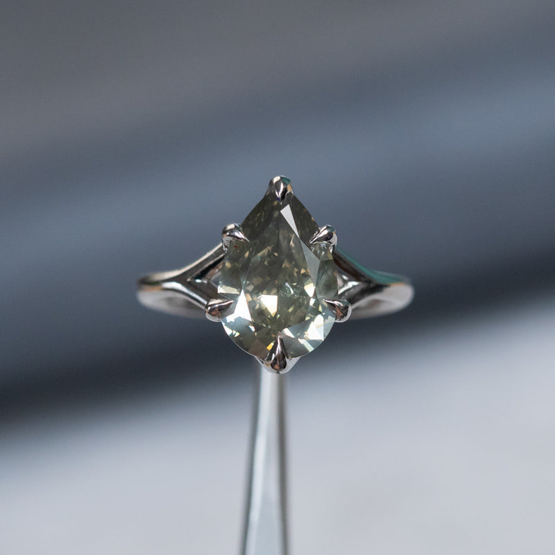 3.51ct Grey Green Pear Shaped Diamond in Low Profile Six Prong Split Shank in Recycled Platinum