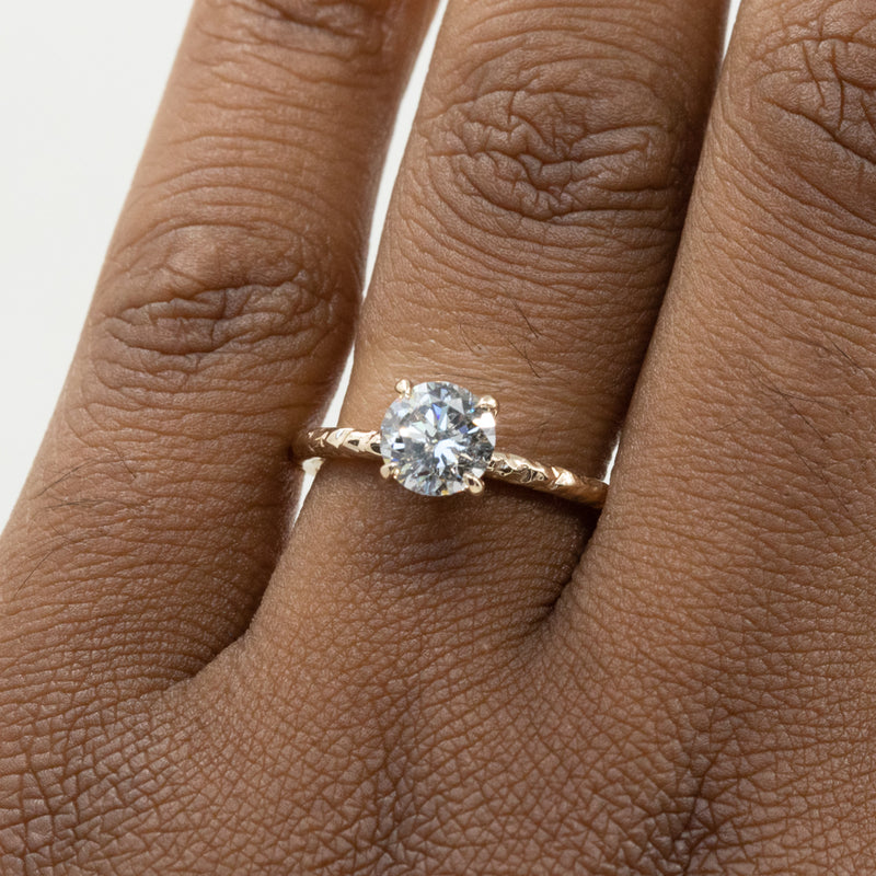 1.10ct Round Salt And Pepper Diamond Evergreen Solitaire in 14k Yellow Gold on hand