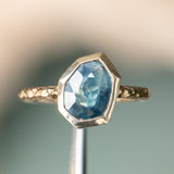 1.54ct Geo Slice Teal-Blue Sapphire Evergreen Low Profile Bezel Solitaire Ring in 14k Yellow Gold