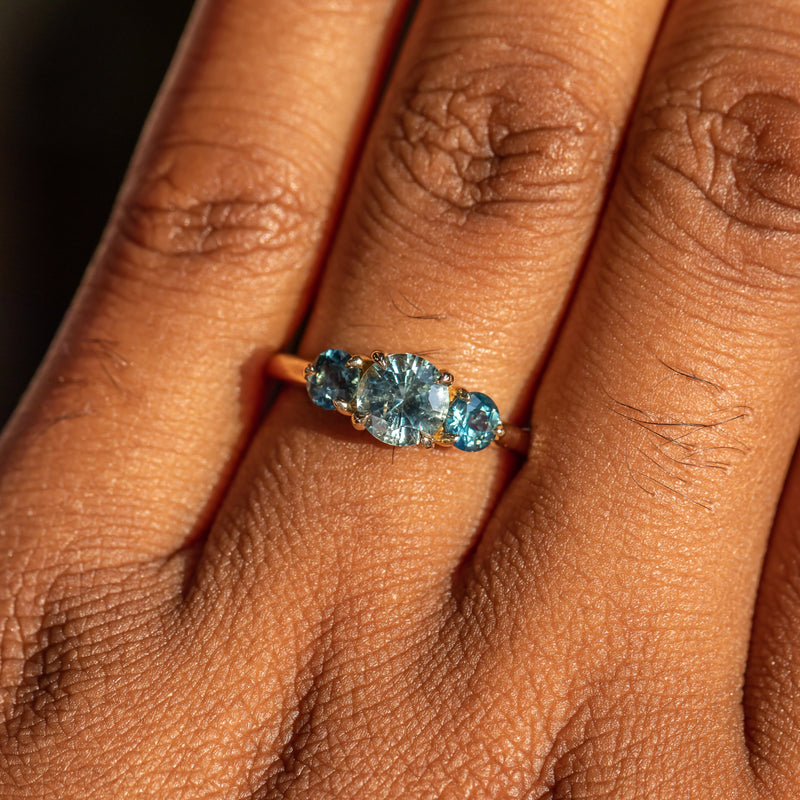 1.24ct Round Montana Sapphire and 0.70ct Round Madagascar Sapphires Three Stone Ring in 14K Yellow Gold